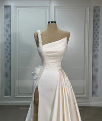 Fabulous A-Line Satin One Shoulder Sleeveless Wedding Dresses With Ruffles Split Front