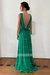 Fabulous A-Line Satin Sleeveless Green Prom Evening Dresses With Openback