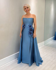 Fabulous Blue A-Line Mother of Bride Strapless Sleeveless Long Satin Dress With Handmade Flowers