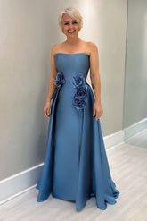 Fabulous Blue A-Line Mother of Bride Strapless Sleeveless Long Satin Dress With Handmade Flowers
