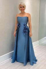 Fabulous Blue A-Line Mother of Bride Strapless Sleeveless Long Satin Dress With Handmade Flowers