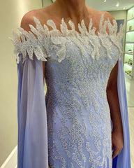 Fabulous Blue A-Line Off-The-Shoulder Cap Sleeves Sequined Long Chiffon Mother of the Bride Dress
