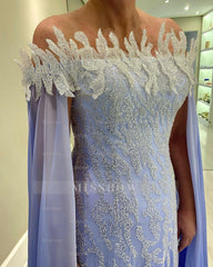 Fabulous Blue A-Line Off-The-Shoulder Cap Sleeves Sequined Long Chiffon Mother of the Bride Dress