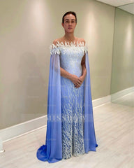 Fabulous Blue A-Line Off-The-Shoulder Cap Sleeves Sequined Long Chiffon Mother of the Bride Dress