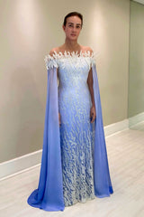Fabulous Blue A-Line Off-The-Shoulder Cap Sleeves Sequined Long Chiffon Mother of the Bride Dress