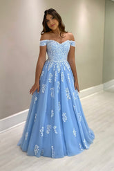 Fabulous Blue A-Line Sweetheart Off-The-Shoulder Lace Sleeveless Tulle Floor-Length Mother of the Bride Dress
