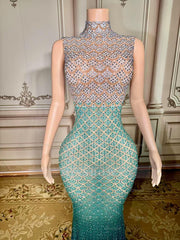 Fabulous Blue Mermaid High-Neck Beaded Sleeveless Floor-Length Prom Dresses With Rhinestones