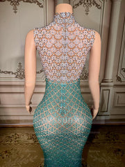 Fabulous Blue Mermaid High-Neck Beaded Sleeveless Floor-Length Prom Dresses With Rhinestones