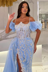 Fabulous Blue Spaghetti Off-The-Shoulder Bubble Sleeves Split Front Beaded Panel Train Tulle Prom Evening Dresses With Appliques