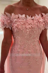 Fabulous Column Lace Mother of The Bride Dress Off-The-Shoulder Sleeveless Pink Bridesmaid Dress With Appliques