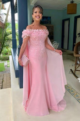 Fabulous Column Lace Mother of The Bride Dress Off-The-Shoulder Sleeveless Pink Bridesmaid Dress With Appliques