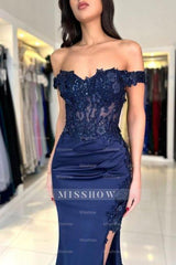 Fabulous Column Satin Lace Off-The-Shoulder Sleeveless Prom Evening Dresses With Appliques Split Front
