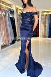 Fabulous Column Satin Lace Off-The-Shoulder Sleeveless Prom Evening Dresses With Appliques Split Front