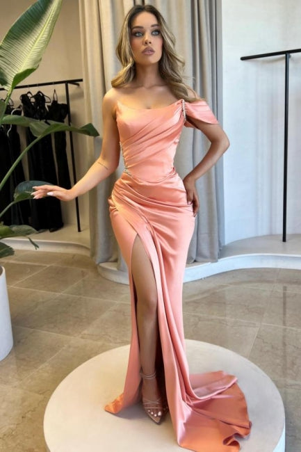Fabulous Column Satin One Shoulder Sleeveless Prom Evening Dresses With Split Front