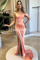 Fabulous Column Satin One Shoulder Sleeveless Prom Evening Dresses With Split Front