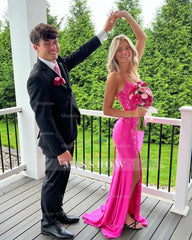 Fabulous Column Satin Spaghetti Straps Sleeveless Pink Prom Dresses With Appliques Split Front