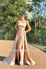 Fabulous Column Satin Square Sleeveless Prom Evening Dresses With Split Train