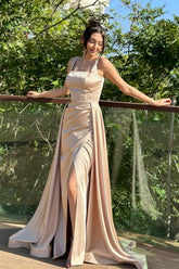 Fabulous Column Satin Square Sleeveless Prom Evening Dresses With Split Train