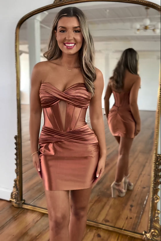 Fabulous Column Satin Strapless Sleeveless Short Homecoming Dress With Ruffles