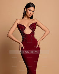 Fabulous Column Strapless Sleeveless Rhinestone Satin Burgundy Prom Dresses
