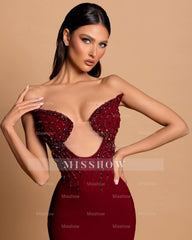 Fabulous Column Strapless Sleeveless Rhinestone Satin Burgundy Prom Dresses