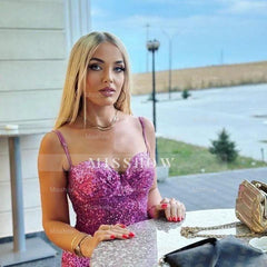 Fabulous Column Sweetheart Sleeveless Sequined Satin Split Front Prom Dress