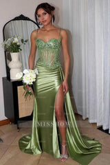 Fabulous Column Tulle Satin Sweetheart Sleeveless Green Prom Evening Dresses With Split Front