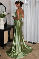 Fabulous Column Tulle Satin Sweetheart Sleeveless Green Prom Evening Dresses With Split Front