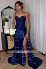 Fabulous Column Tulle Satin Sweetheart Sleeveless Green Prom Evening Dresses With Split Front