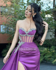 Fabulous Column Tulle Satin Sweetheart Sleeveless Prom Dresses With Ruffles Split