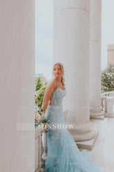 Fabulous Column Tulle Spaghetti Straps Sleeveless Long Prom Dress With Appliques