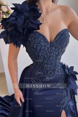 Fabulous Dark Blue Sweetheart One-shoulder Sleeveless Panel Train Satin Split Front Prom Evening Dresses With Handmake Flowers