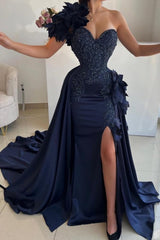 Fabulous Dark Blue Sweetheart One-shoulder Sleeveless Panel Train Satin Split Front Prom Evening Dresses With Handmake Flowers
