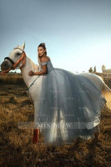 Fabulous Dusty Blue A-Line Off-The-Shoulder Sleeveless Lace Long Tulle Prom Dresses With Sequins