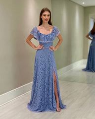 Fabulous Dusty Blue A-Line Strapless Off-The-Shoulder Long Lace Mother of the Bride Dress With Slit