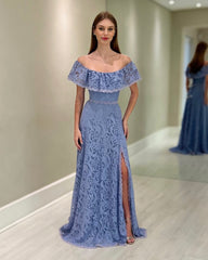 Fabulous Dusty Blue A-Line Strapless Off-The-Shoulder Long Lace Mother of the Bride Dress With Slit