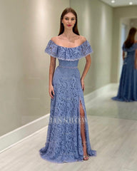 Fabulous Dusty Blue A-Line Strapless Off-The-Shoulder Long Lace Mother of the Bride Dress With Slit