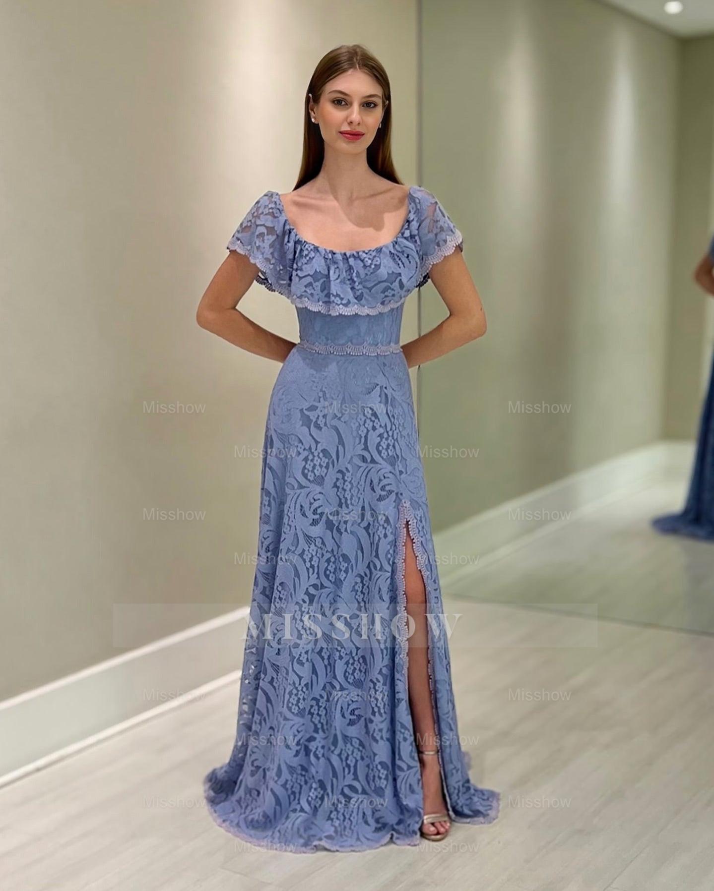 Fabulous Dusty Blue A-Line Strapless Off-The-Shoulder Long Lace Mother of the Bride Dress With Slit