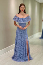 Fabulous Dusty Blue A-Line Strapless Off-The-Shoulder Long Lace Mother of the Bride Dress With Slit