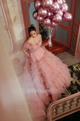 Fabulous Dusty Rose A-Line Strapless Off-The-Shoulder Long Sleeves Sweep Train Ball Gown Tulle Prom Dresses With Ruffles