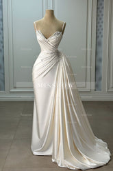 Fabulous Ivory Column Sweetheart Spaghetti Strap Sleeveless Beaded Panel Train Ruffle Long Satin Wedding Dresses With Pearls