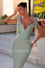 Fabulous Light Green Column V-Neck Beaded Spaghetti Strap Sleeveless Long Satin Prom Dresses