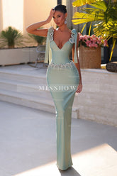 Fabulous Light Green Column V-Neck Beaded Spaghetti Strap Sleeveless Long Satin Prom Dresses