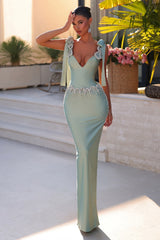 Fabulous Light Green Column V-Neck Beaded Spaghetti Strap Sleeveless Long Satin Prom Dresses