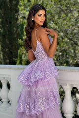 Fabulous Lilac A-Line Spaghetti Strap Sleeveless Lace Panel Train Hi-Lo Tulle Prom Dresses With Appliques