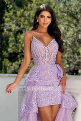 Fabulous Lilac A-Line Spaghetti Strap Sleeveless Lace Panel Train Hi-Lo Tulle Prom Dresses With Appliques