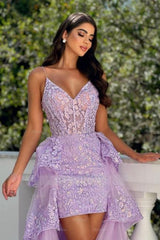 Fabulous Lilac A-Line Spaghetti Strap Sleeveless Lace Panel Train Hi-Lo Tulle Prom Dresses With Appliques