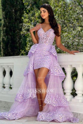 Fabulous Lilac A-Line Spaghetti Strap Sleeveless Lace Panel Train Hi-Lo Tulle Prom Dresses With Appliques