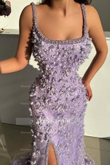 Fabulous Lilac Mermaid Spaghetti Strap Beaded Sleeveless Split Front Floor-Length Prom Dresses With Pearls And 3D Flowers