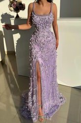 Fabulous Lilac Mermaid Spaghetti Strap Beaded Sleeveless Split Front Floor-Length Prom Dresses With Pearls And 3D Flowers